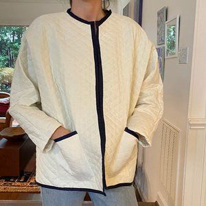 Cream Quilted Handmade Jacket with Navy Grosgrain